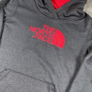 The North Face Womens XXL Hoodie Gray Red Logo Pullover Sweatshirt